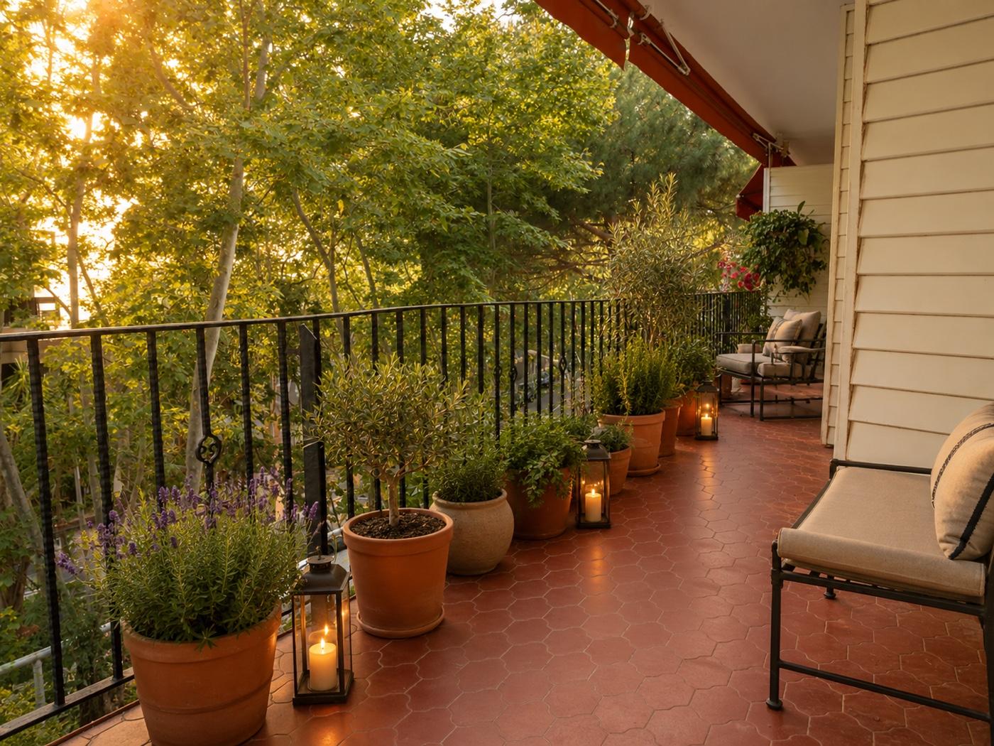 Renovation render of the Pedralbes terrace at golden hour, styled and furnished