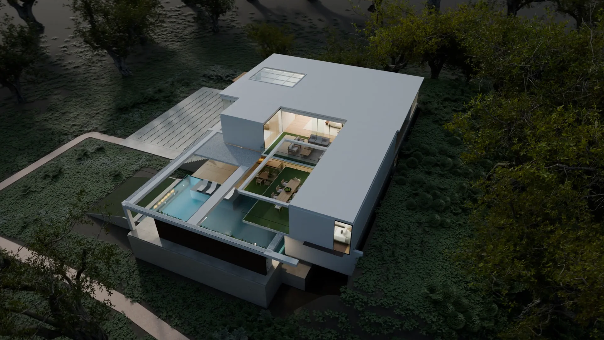 Dusk aerial view of Villa Anahid, a flat-roofed modern house with a lit pool terrace, rendered in 3D